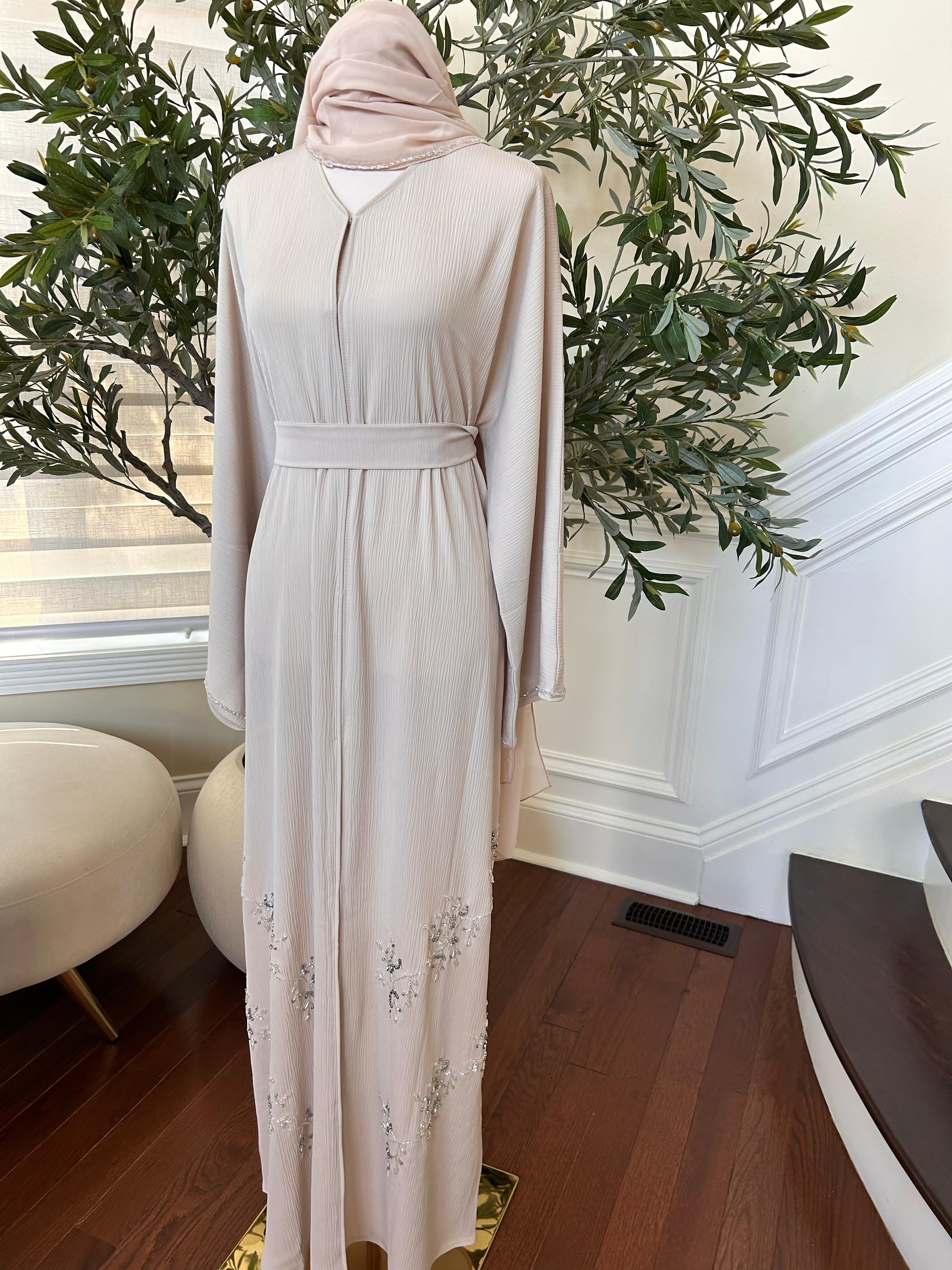 Cream Crystal Beaded Abaya