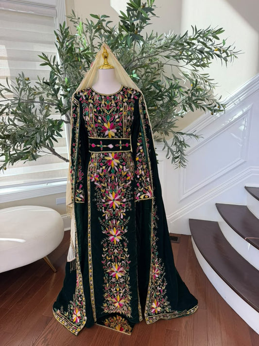 Elegant Black Palestinian Thobe with Colorful Floral Embroidery and Detachable Shoulder Cape (scarf not included)