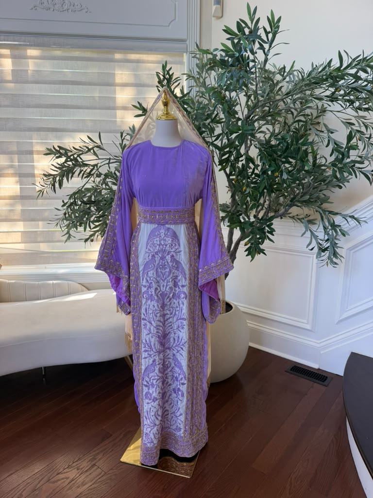 Elegant Lavender Velvet Palestinian Thobe with Gold Embroidery(scarf not included)