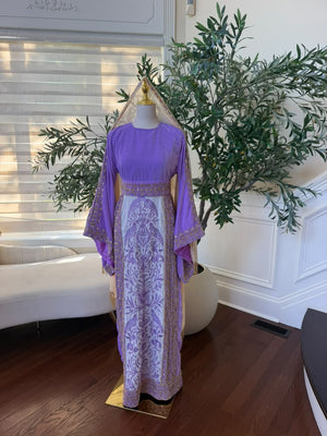 Elegant Lavender Velvet Palestinian Thobe with Gold Embroidery(scarf not included)