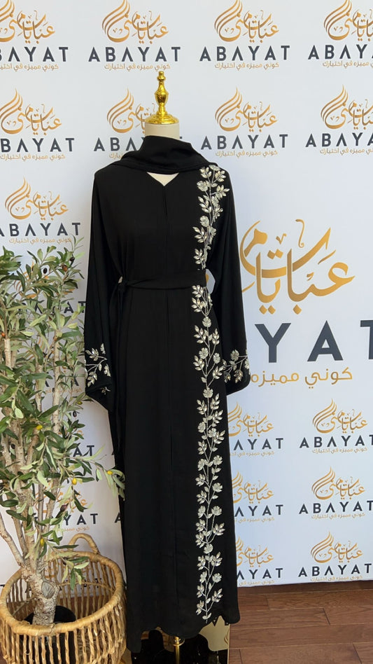 White Floral Black Abaya