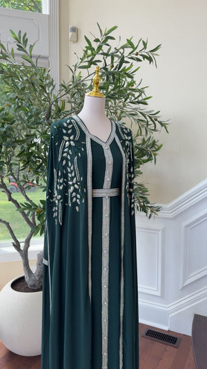 Emerald Green Embellished Chiffon Kaftan Crystal Vine Detail