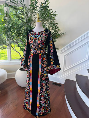 Navy Blue Stone Embroidered Tatreez Floral Thobe
