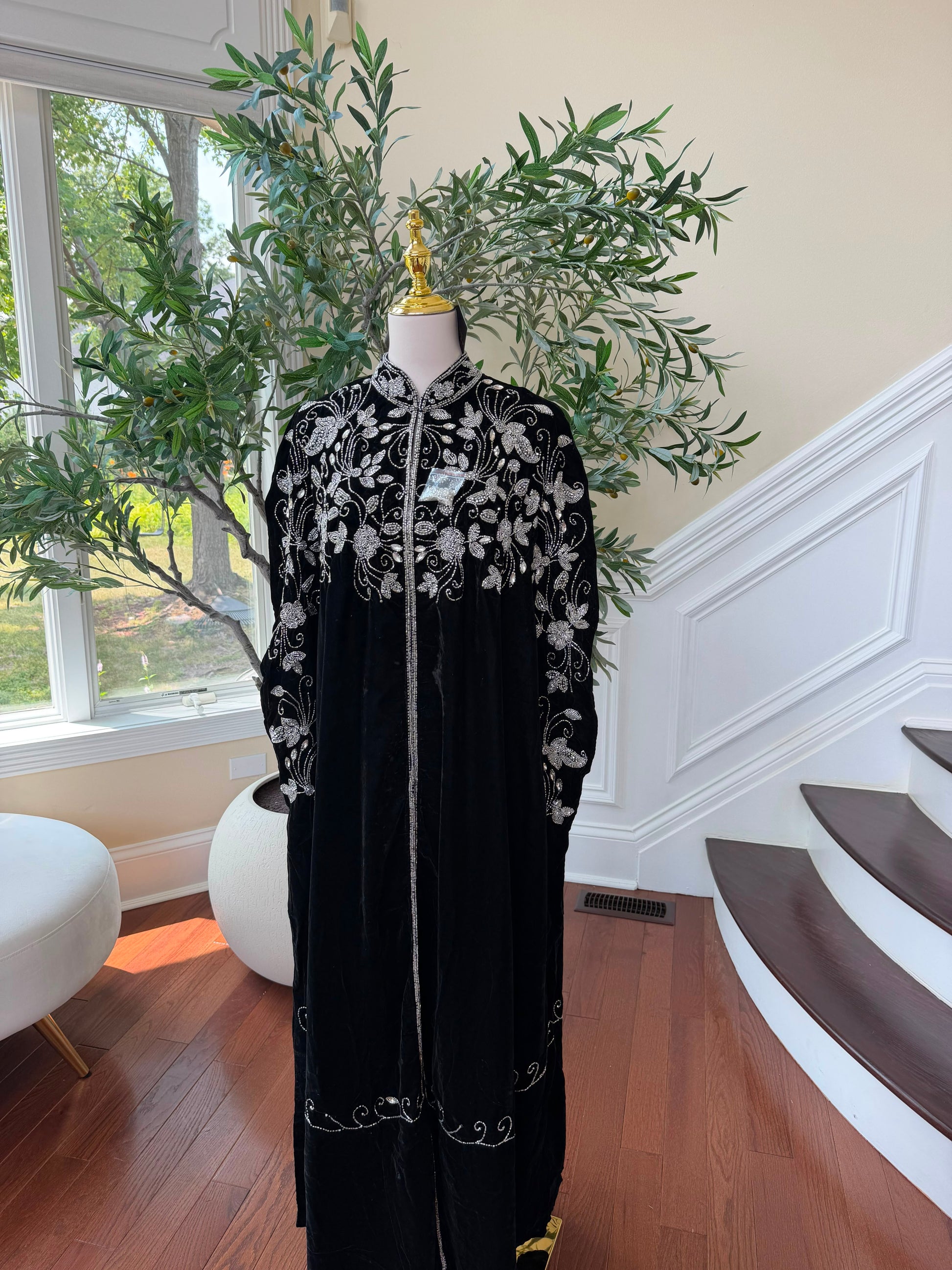 Velvet Black Beaded Elegance Cardigan Abaya
