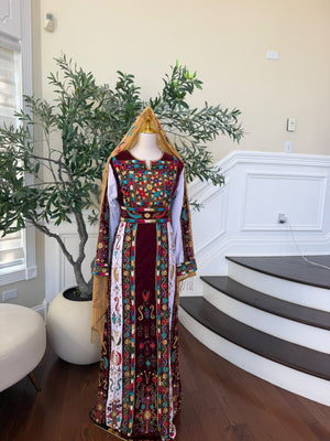 Elegant Burgundy Velvet Thobe with Colorful Embroidery and Matching Skirt included (scarf not included)