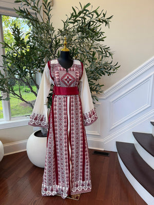 White Traditional Embroidery Red Tatreez Thobe