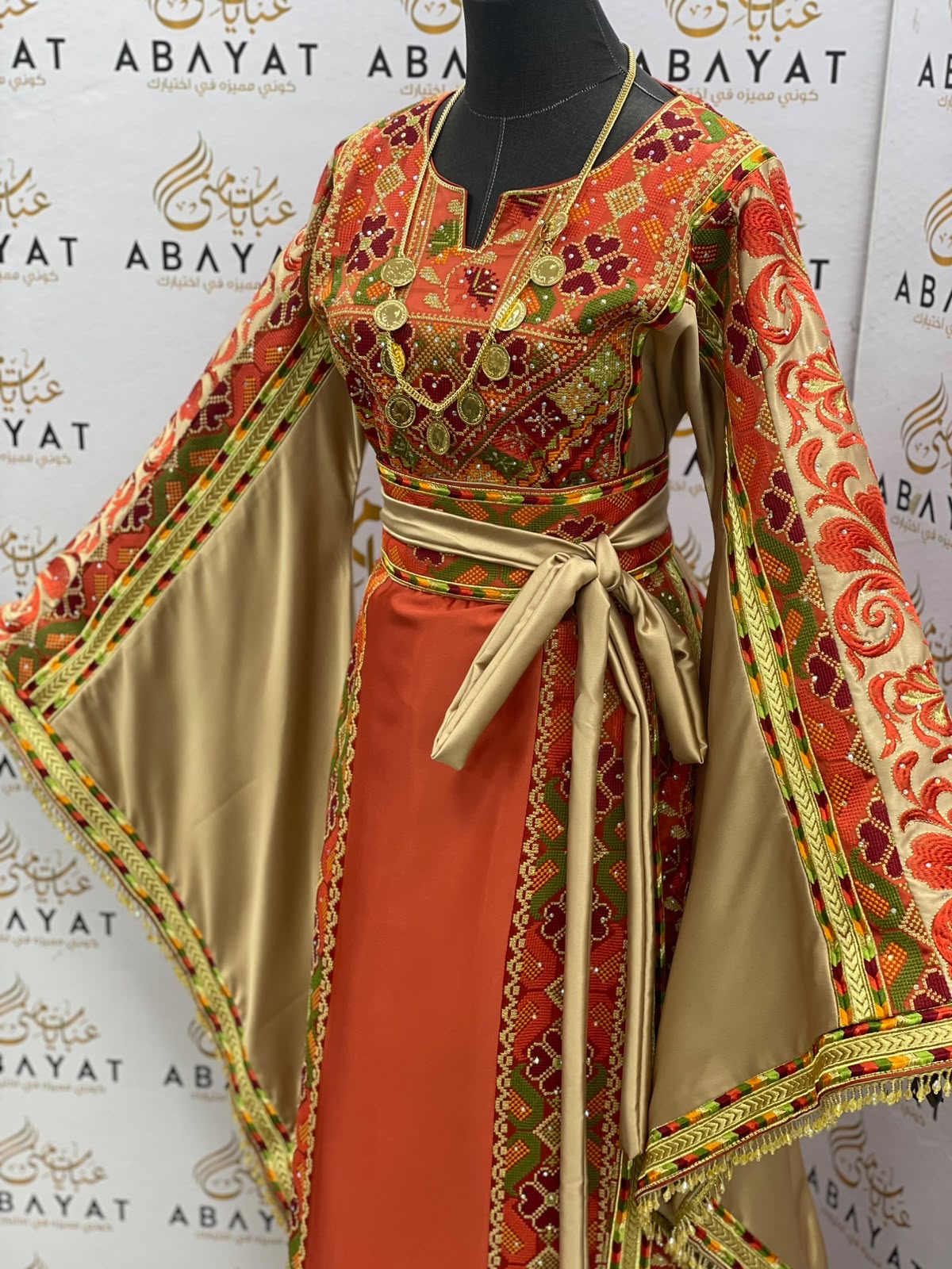 Rust Orange & Gold Palestinian Embroidered Thobe