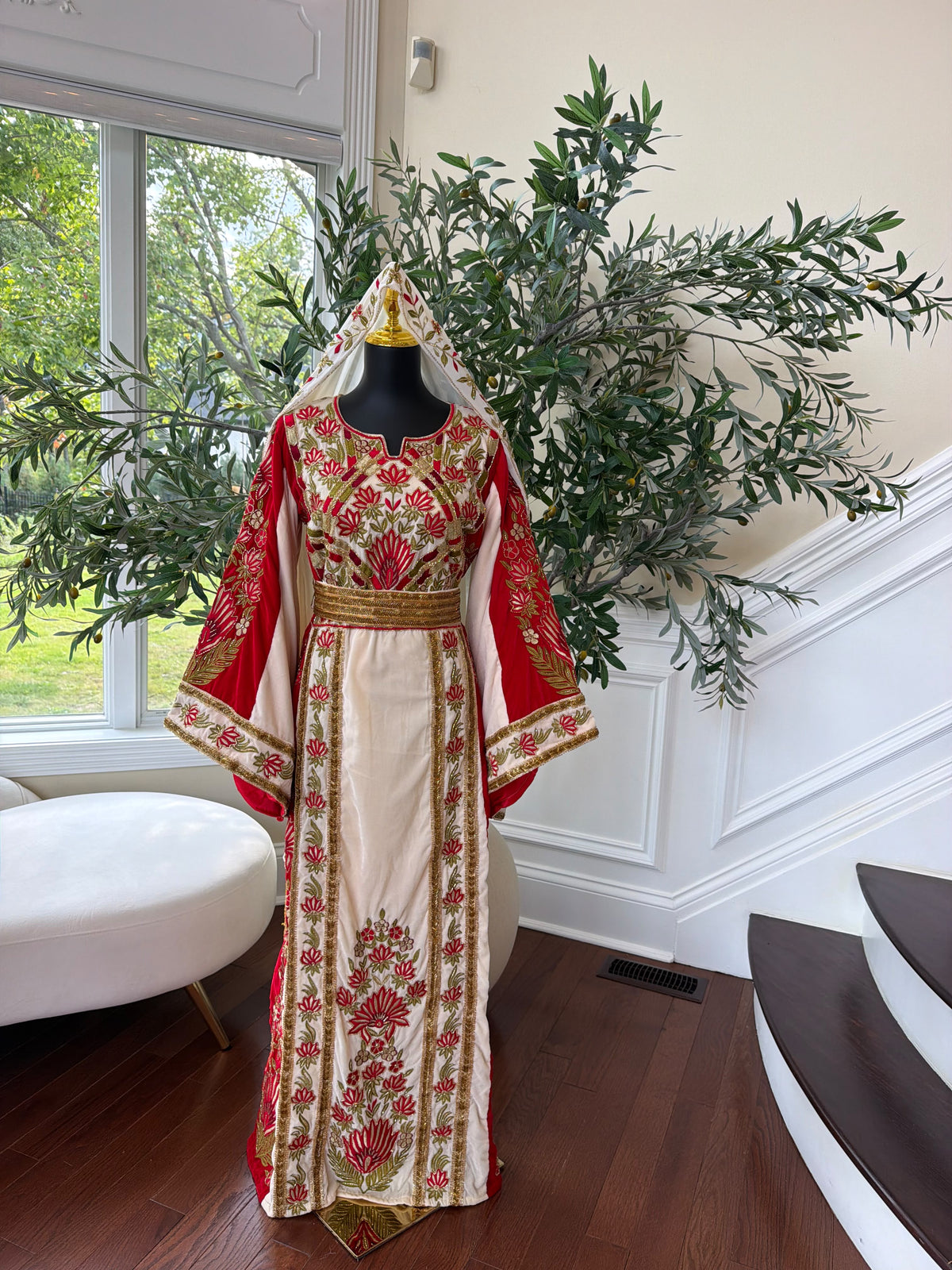 Elegant Cream and Red Thobe with Gold Floral Embroidery(scarf not included)