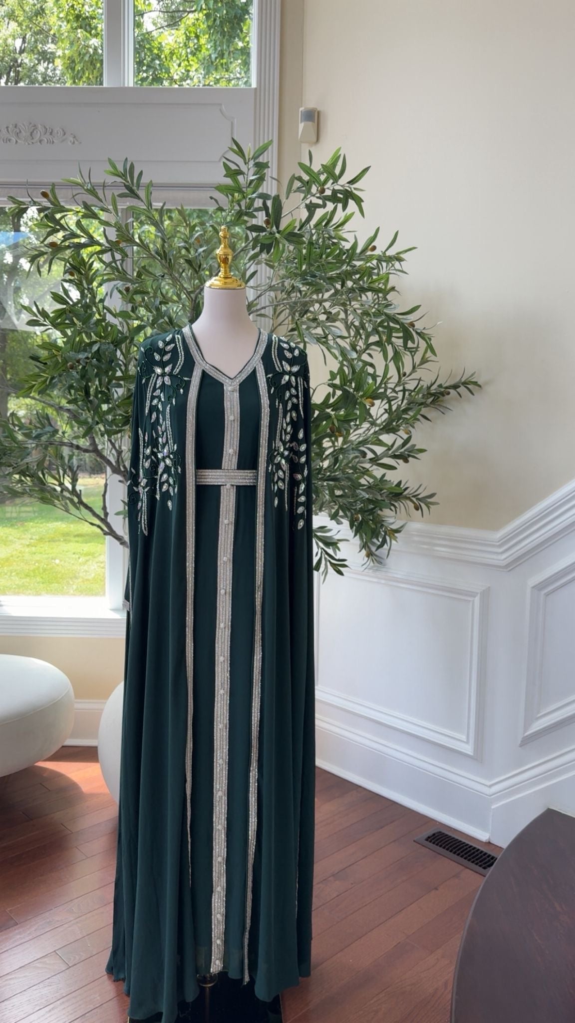 Emerald Green Embellished Chiffon Kaftan Crystal Vine Detail