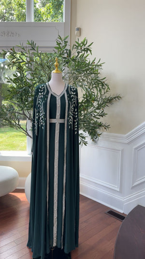 Emerald Green Embellished Chiffon Kaftan Crystal Vine Detail