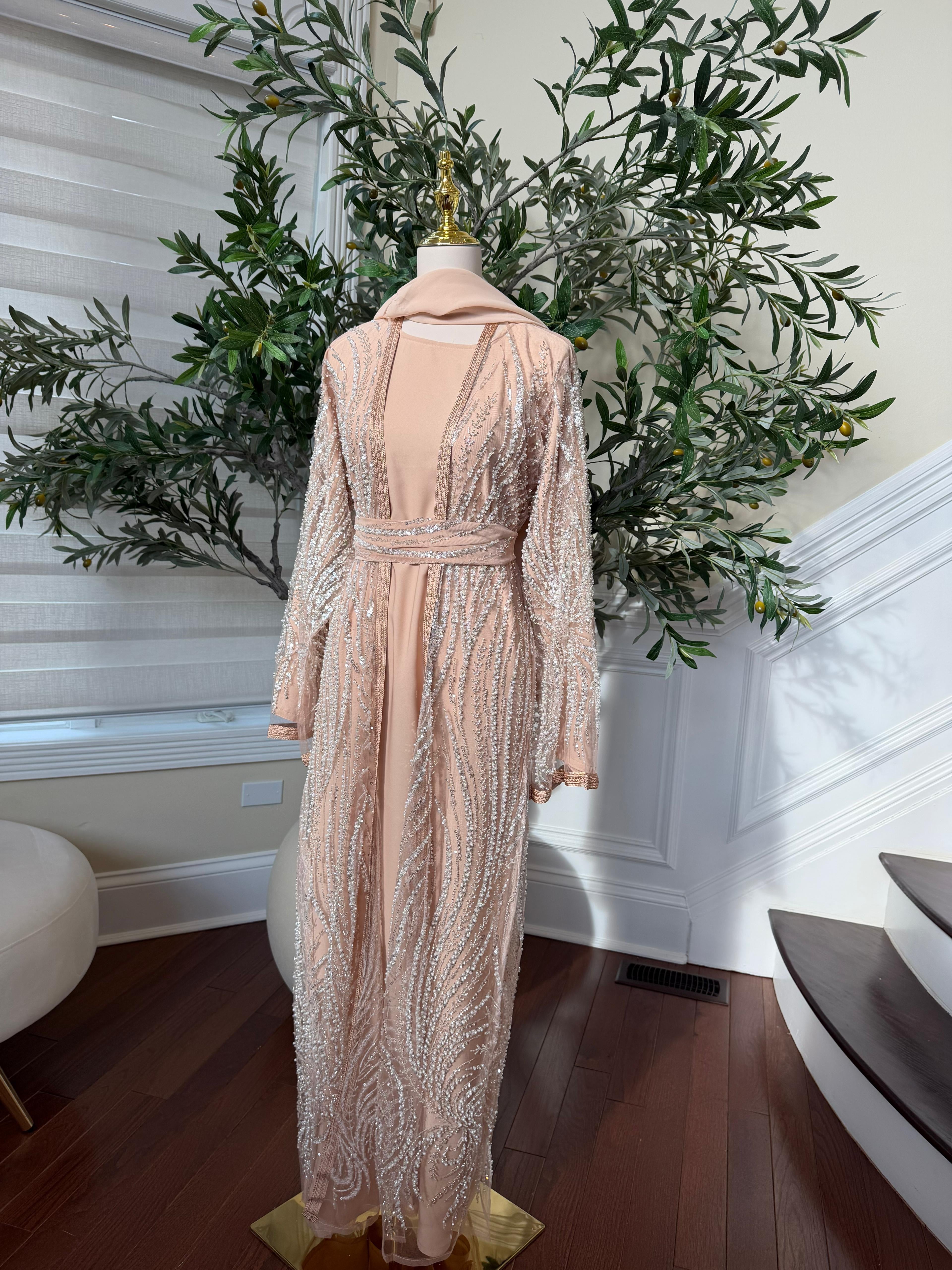 Peach Silver Sequin Beaded Abaya