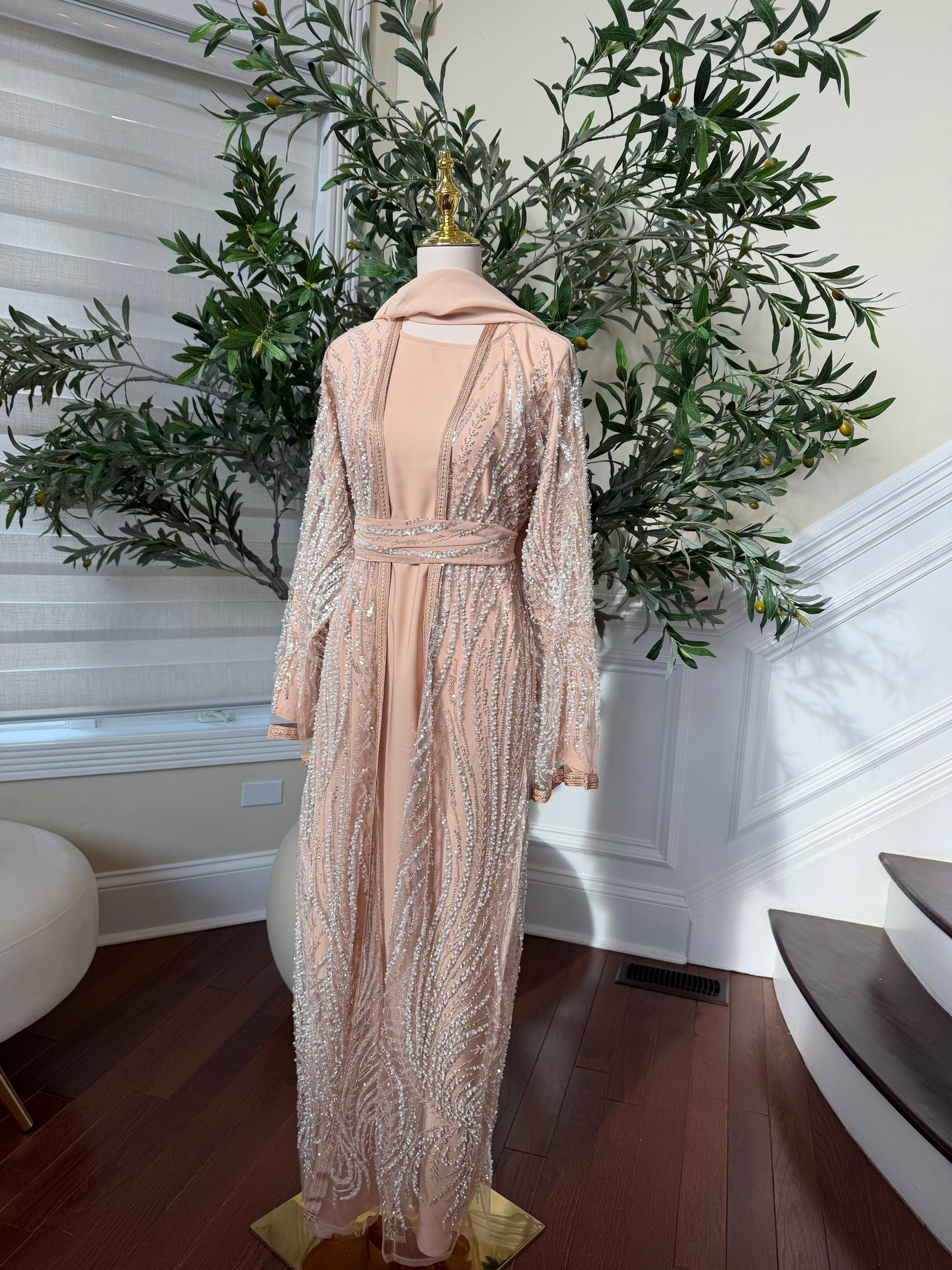 Peach Silver Sequin Beaded Abaya