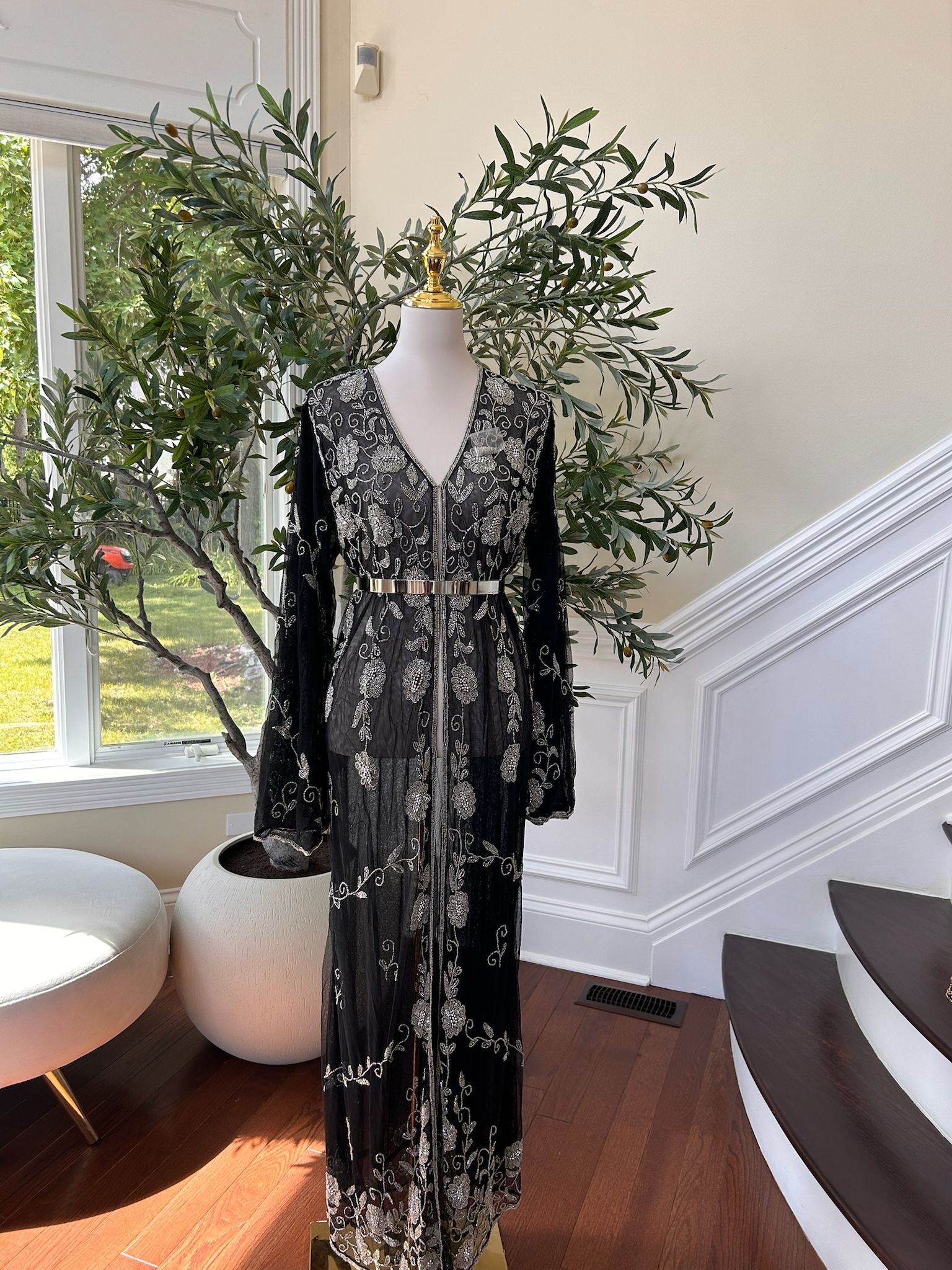 Black Silver Floral Beaded Stone Cardigan Abaya