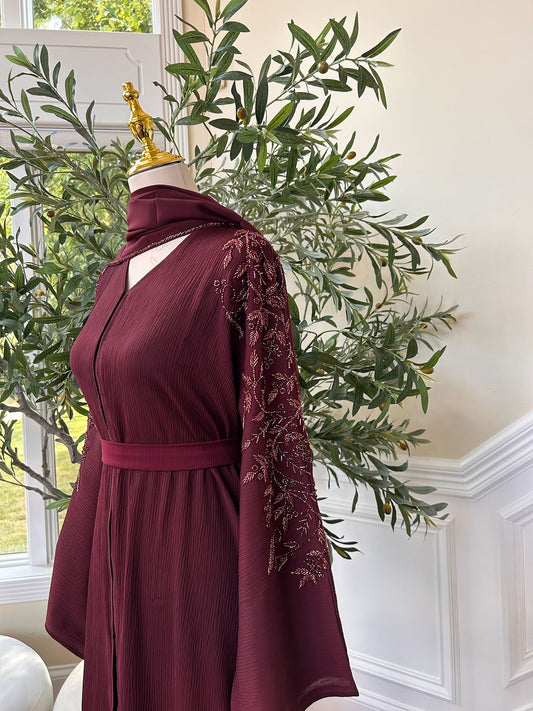 Burgundy Floral Beaded Charm Abaya