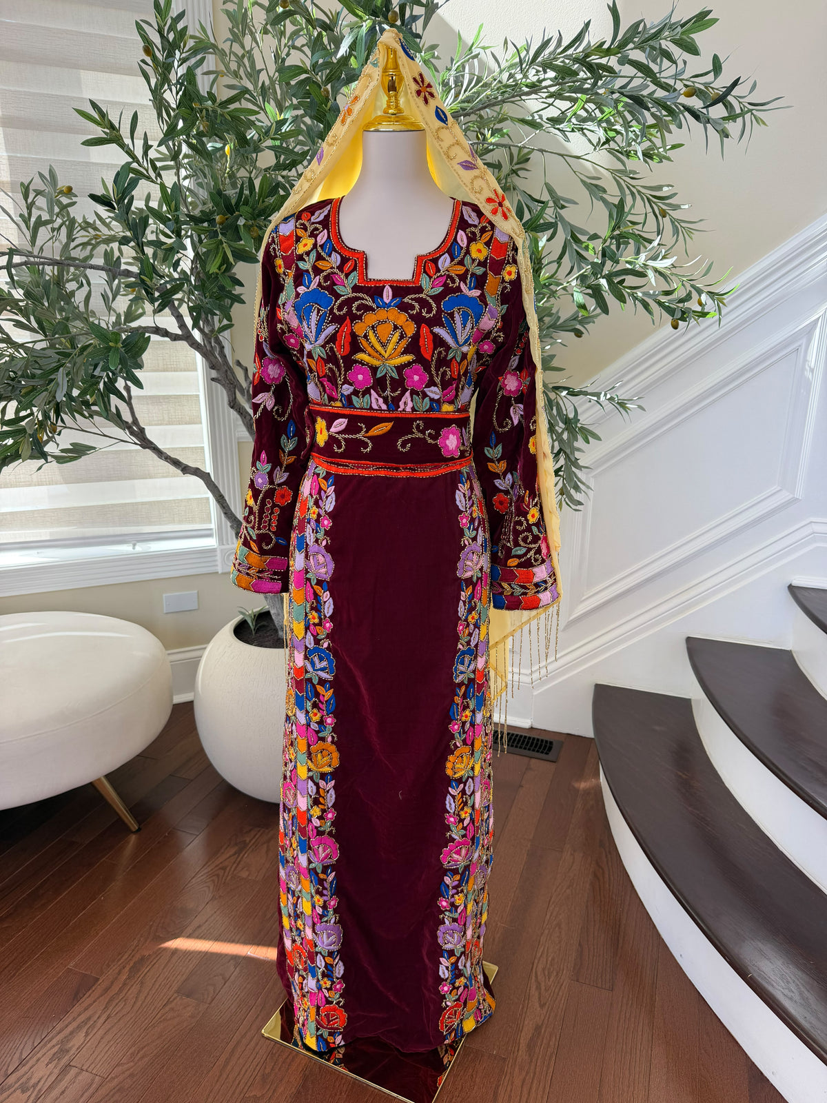 Elegant Burgundy Velvet Palestinian Thobe with Colorful Floral Embroidery – Scarf Not Included