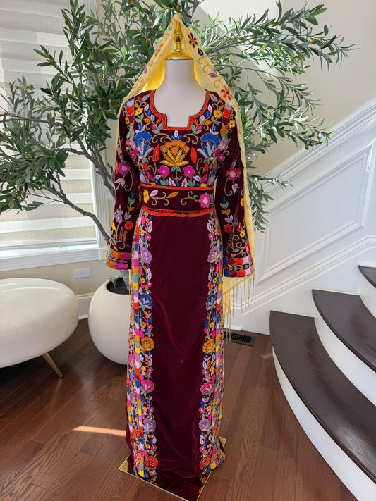 Elegant Burgundy Velvet Palestinian Thobe with Colorful Floral Embroidery – Scarf Not Included