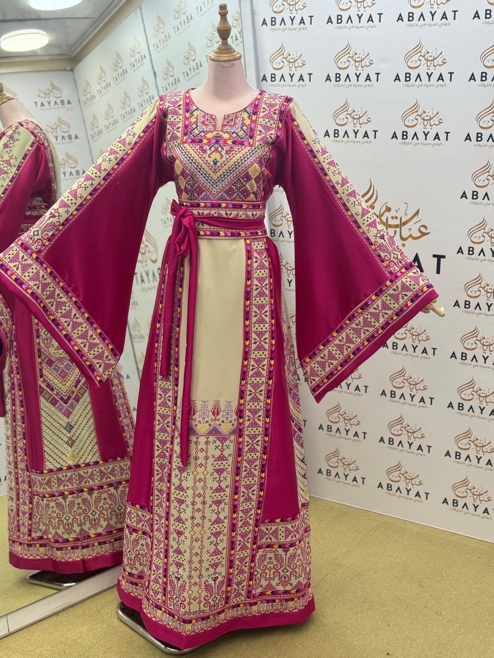Palestinian Heritage Embroidered Thobe – Magenta & Ivory