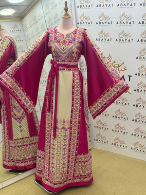 Palestinian Heritage Embroidered Thobe – Magenta & Ivory