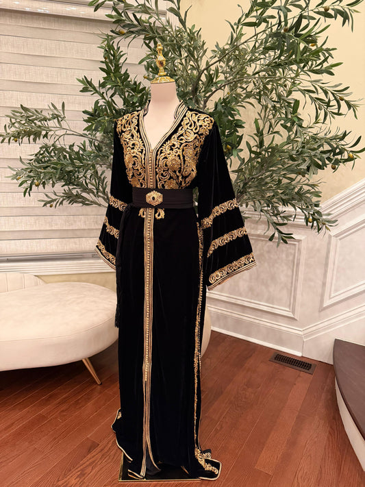 Midnight Black Royale Velvet Kuftan with Golden Embellished Detail