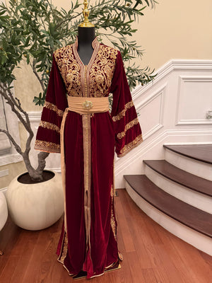 Red Majestic Velvet Kuftan with Golden Embellishment