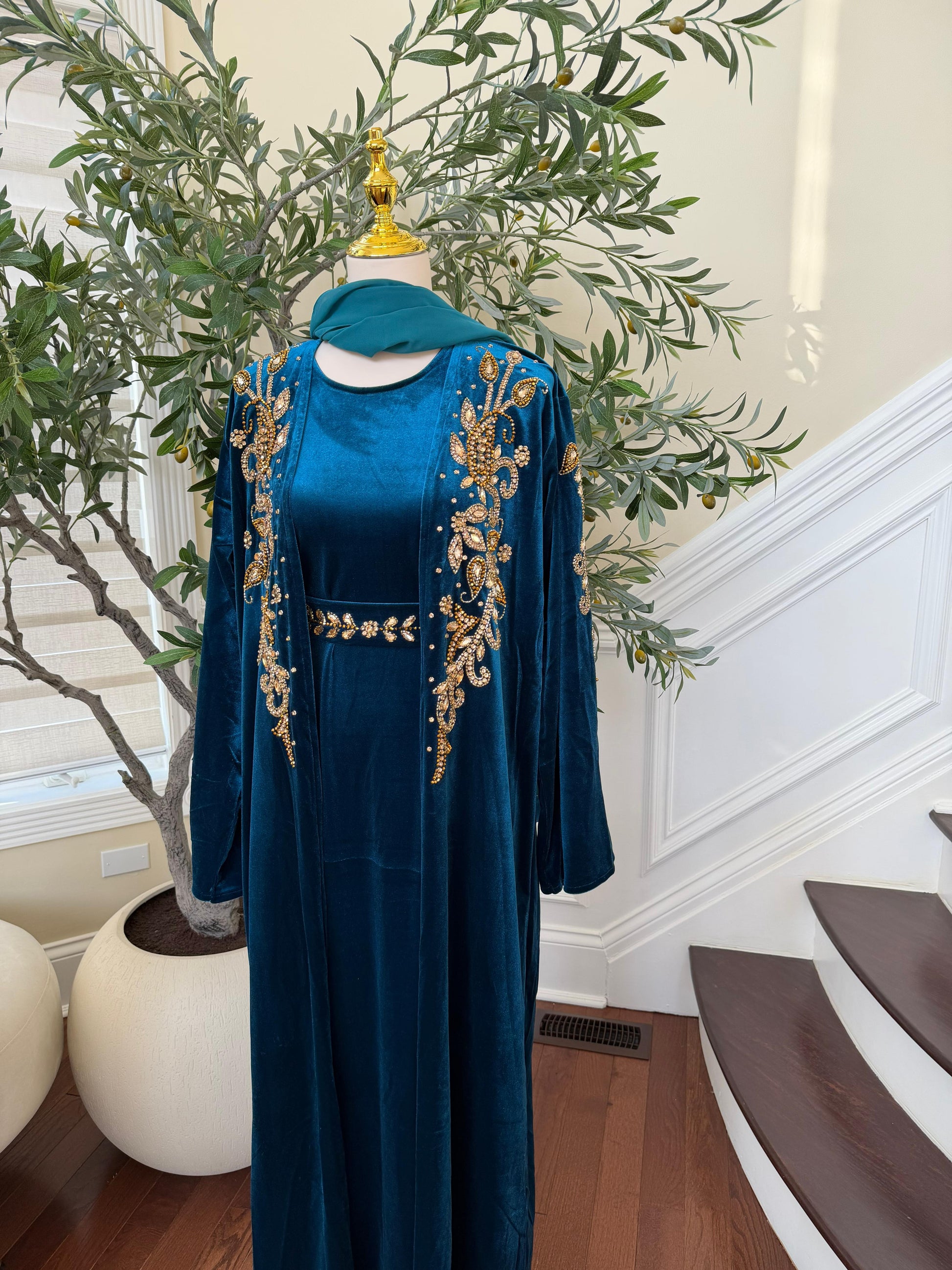 Turquoise Golden Crystal Two Piece Beaded Abaya