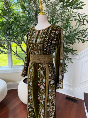 Velvet Olive Green Beaded Stone Thobe