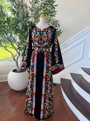 Navy Blue Stone Embroidered Tatreez Floral Thobe