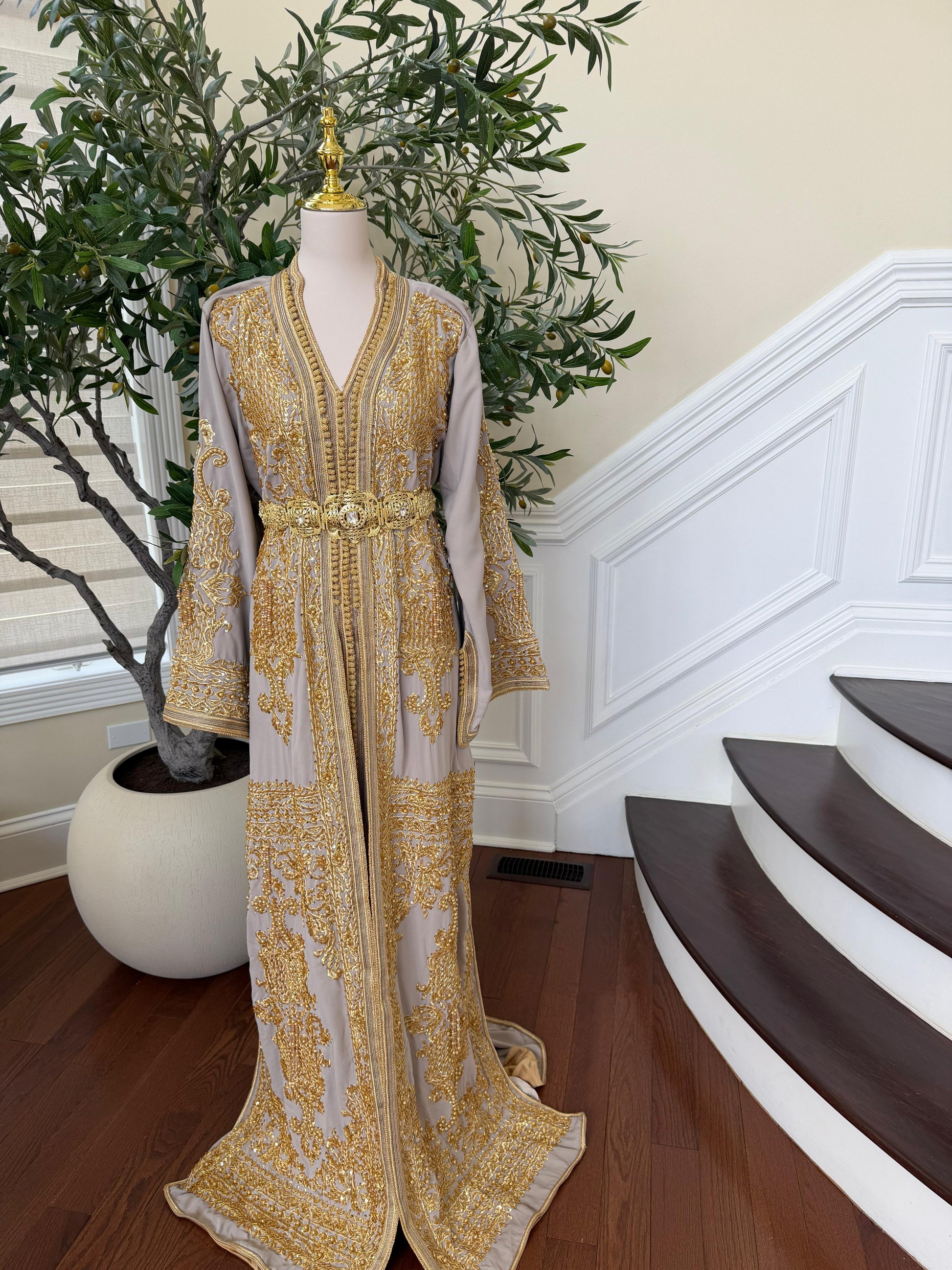 Golden Grey Beaded Elegance Kuftan