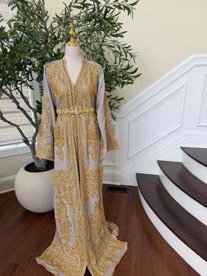 Golden Grey Beaded Elegance Kuftan