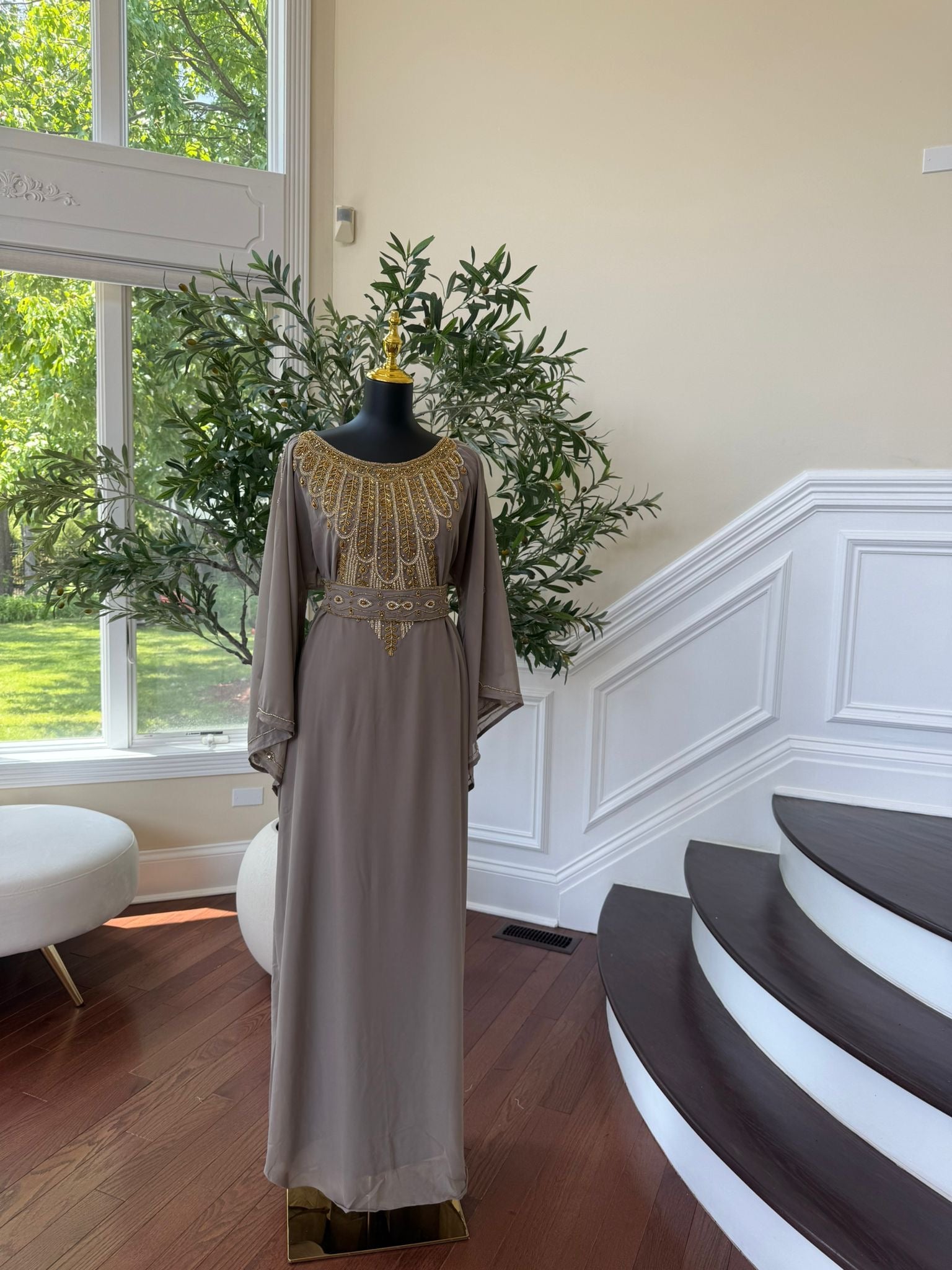 Taupe Elegant Beaded Kuftan Maxi Dress