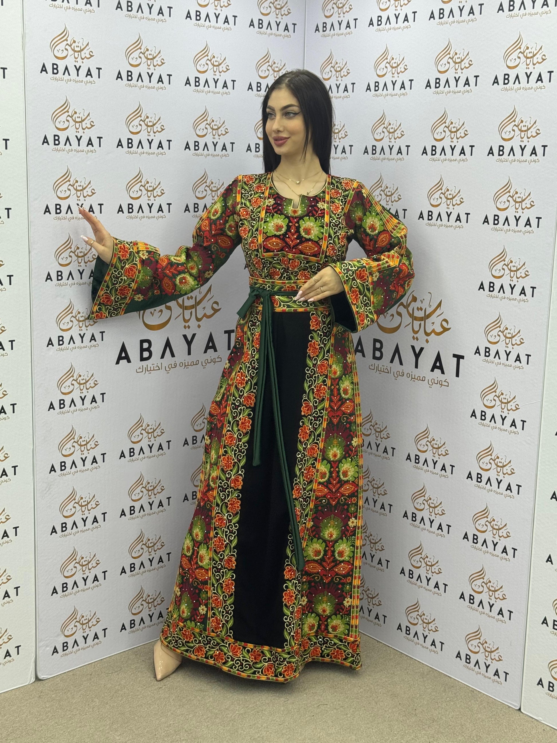 Traditional Palestinian Embroidered Thobe – Vibrant Floral Pattern with Green Waist Belt