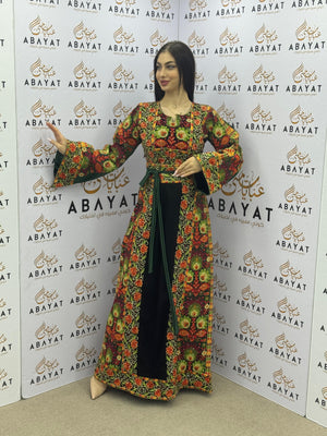 Traditional Palestinian Embroidered Thobe – Vibrant Floral Pattern with Green Waist Belt