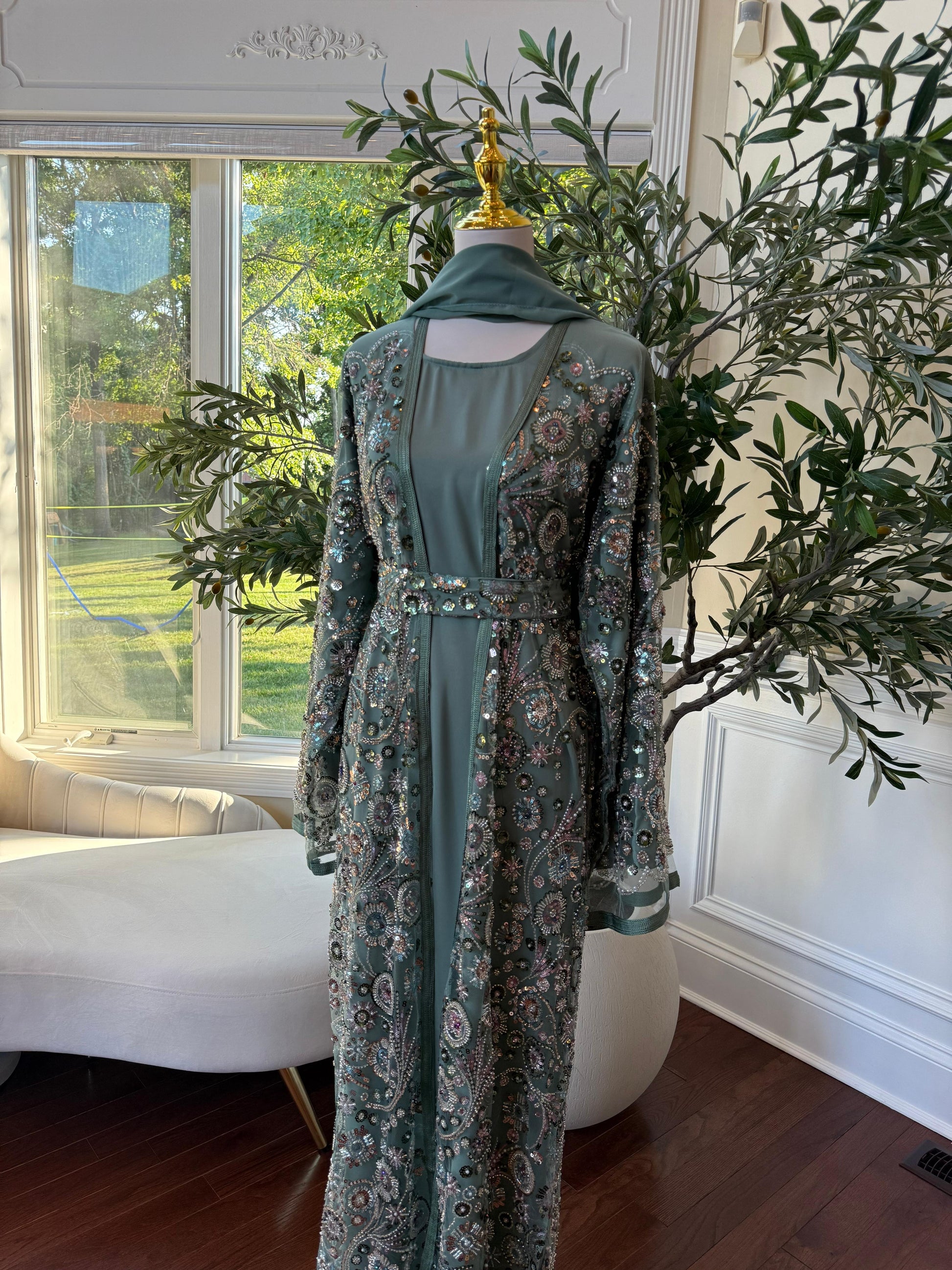 Ocean Sage Sequin Floral Abaya