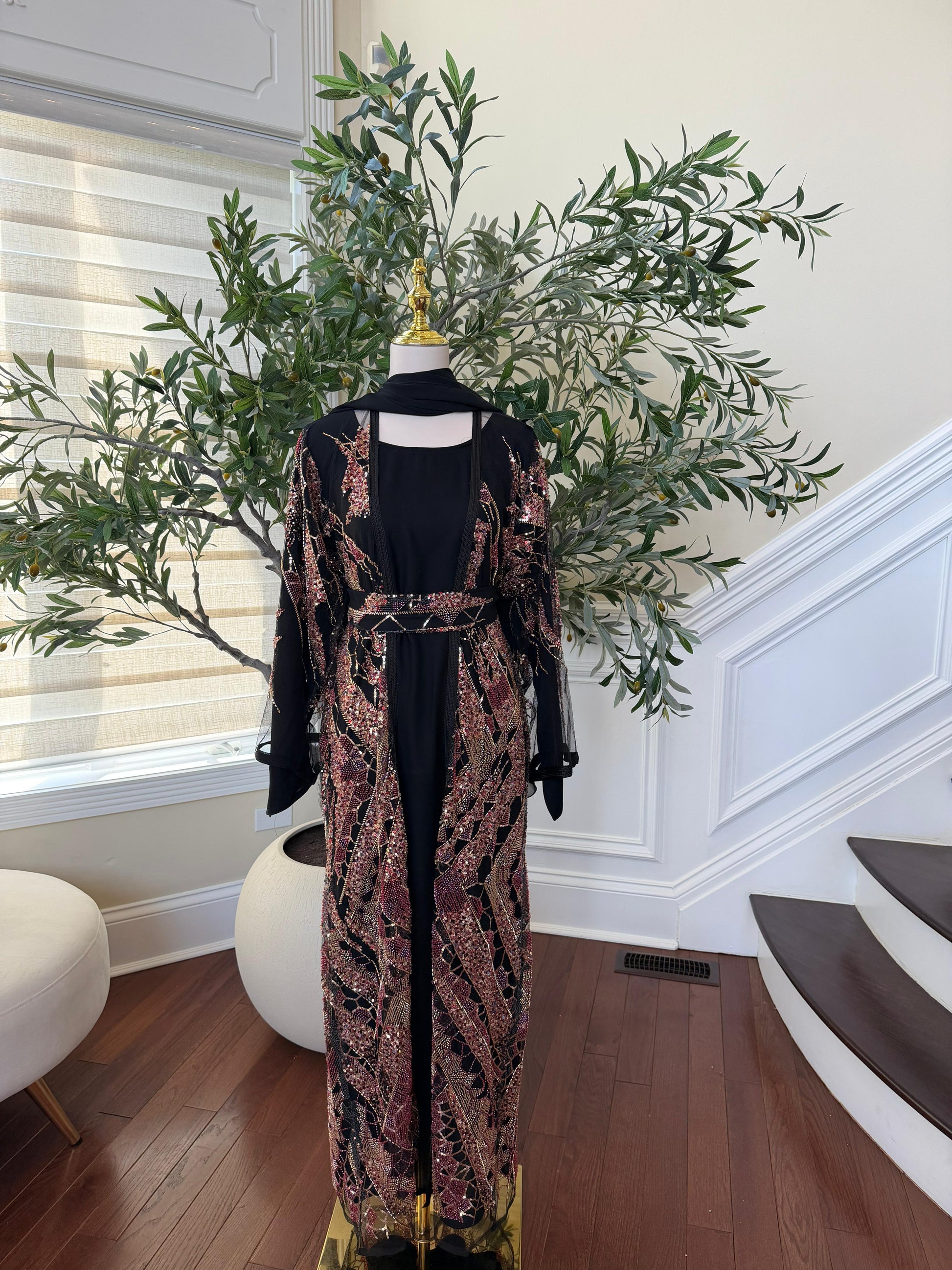 Black Sparkle Rose Beaded Cardigan Abaya