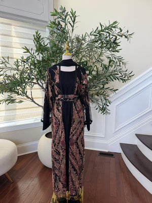 Black Sparkle Rose Beaded Cardigan Abaya