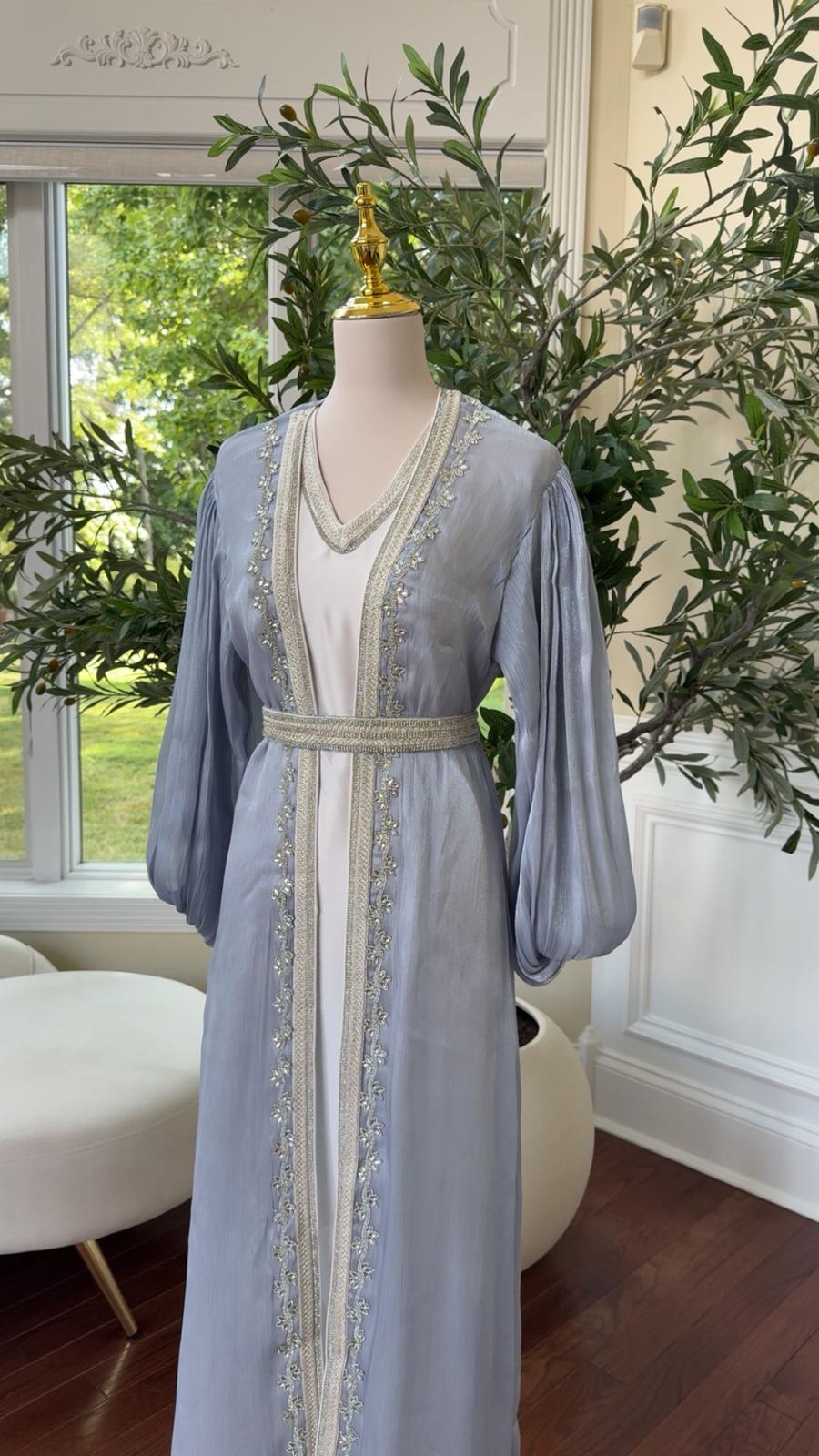 Baby Blue Kuftan with Delicate Silver Beading
