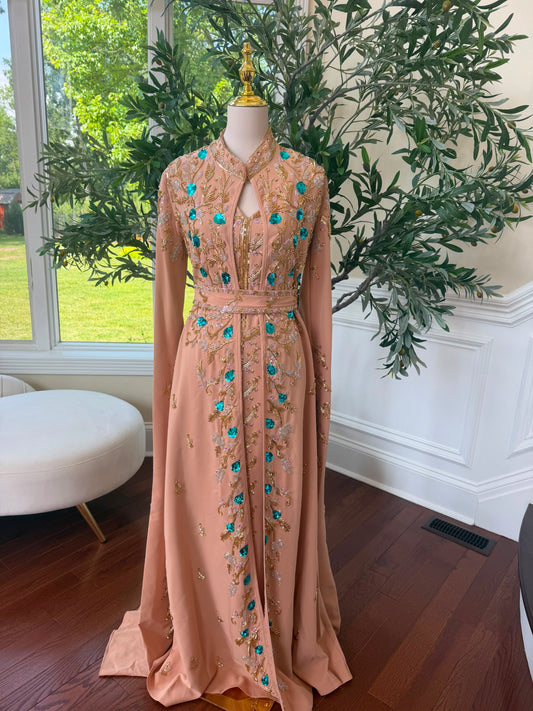 Peach Floral Sequin Beaded Kuftan