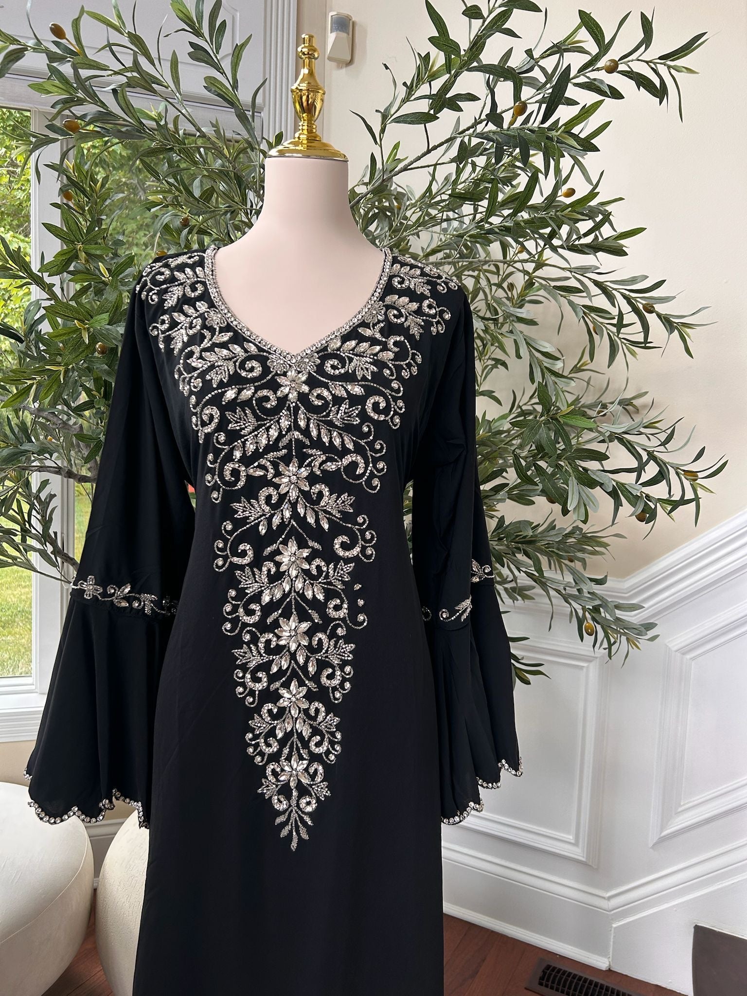 Black Charm Sleeve Detail Beaded Abaya