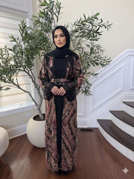 Black Sparkle Rose Beaded Cardigan Abaya
