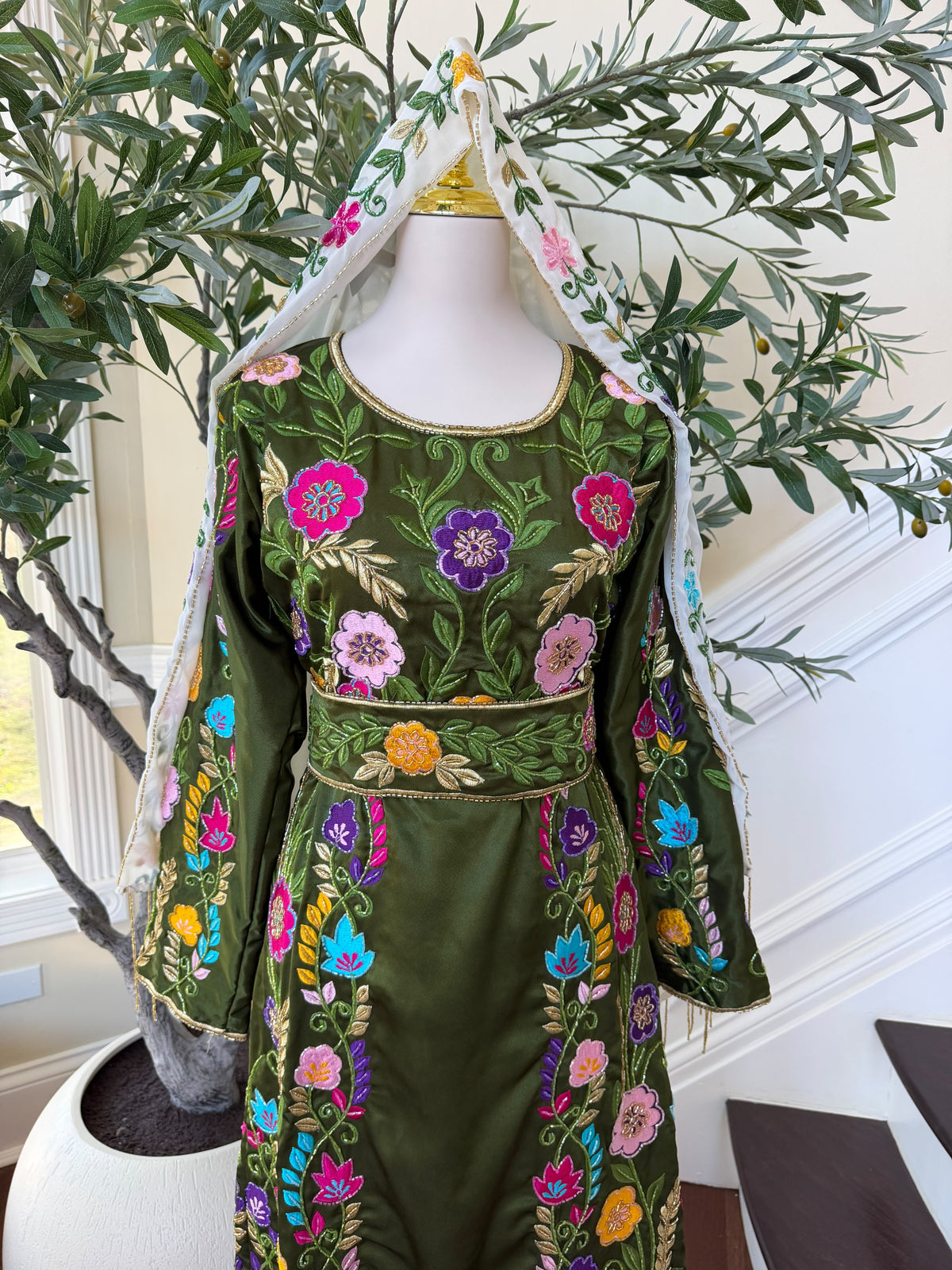 Olive Green Palestinian Stone Thobe with Vibrant Multicolor Floral Embroidery(scarf not included)