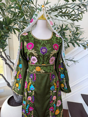 Olive Green Palestinian Stone Thobe with Vibrant Multicolor Floral Embroidery(scarf not included)