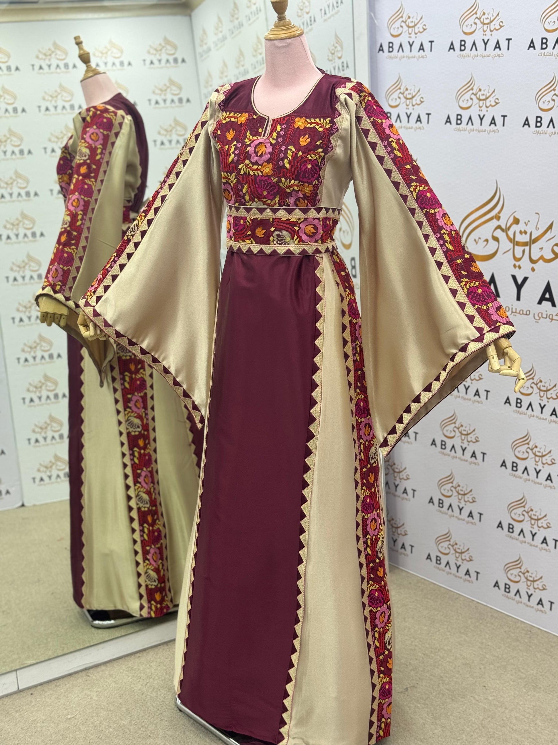 Burgundy & Champagne Palestinian Thobe – Embroidered Tatreez Maxi Dress