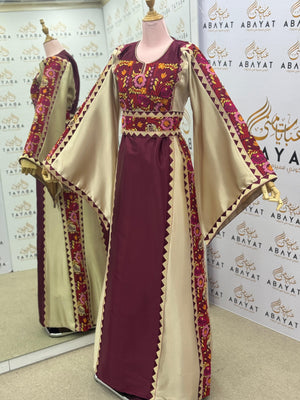 Burgundy & Champagne Palestinian Thobe – Embroidered Tatreez Maxi Dress