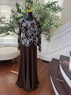 Elegant Chocolate Brown Gown with Silver Floral Embroidery