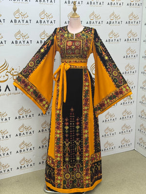 Premium Palestinian Malakah Thobe – Bright Mustard & Black Embroidery