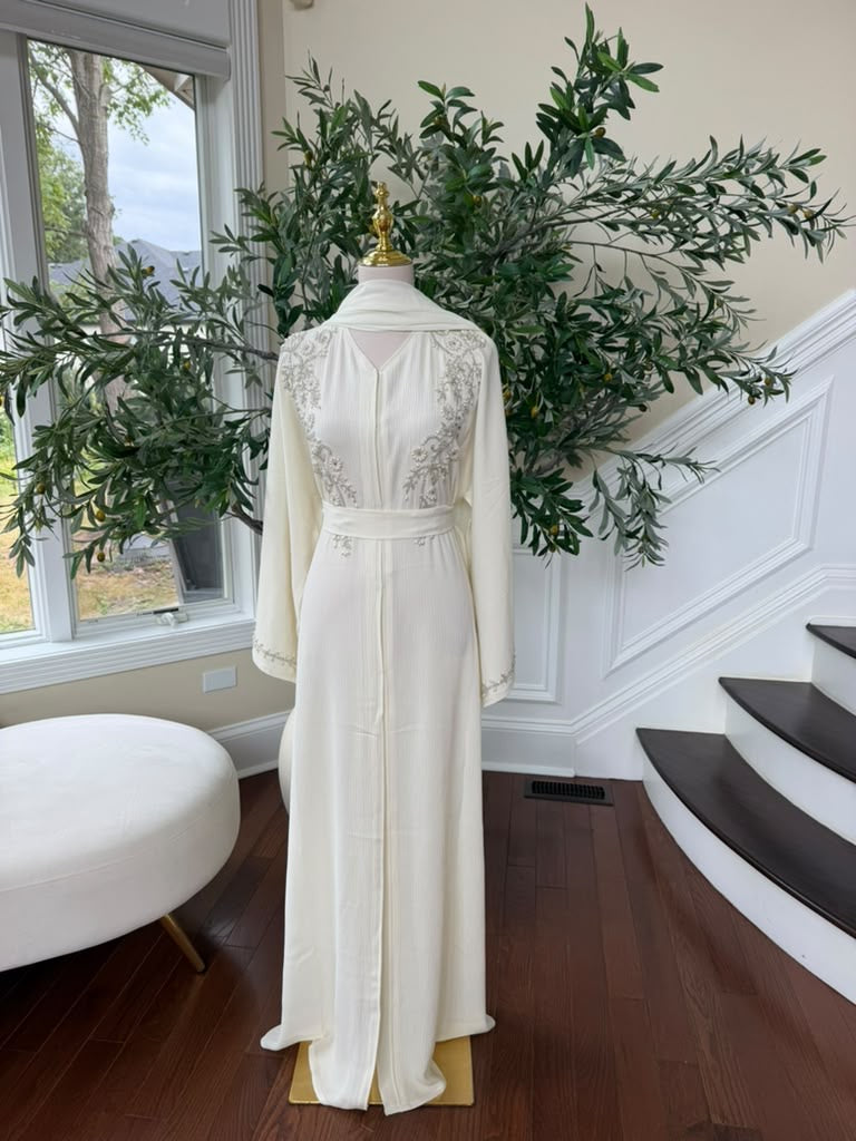 Off White Charm Beaded Floral Abaya