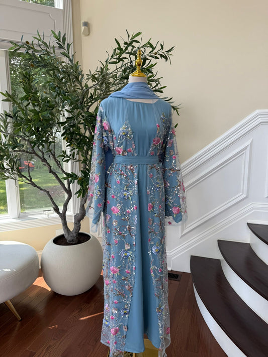 Sky Blue Ethereal Bloom Abaya