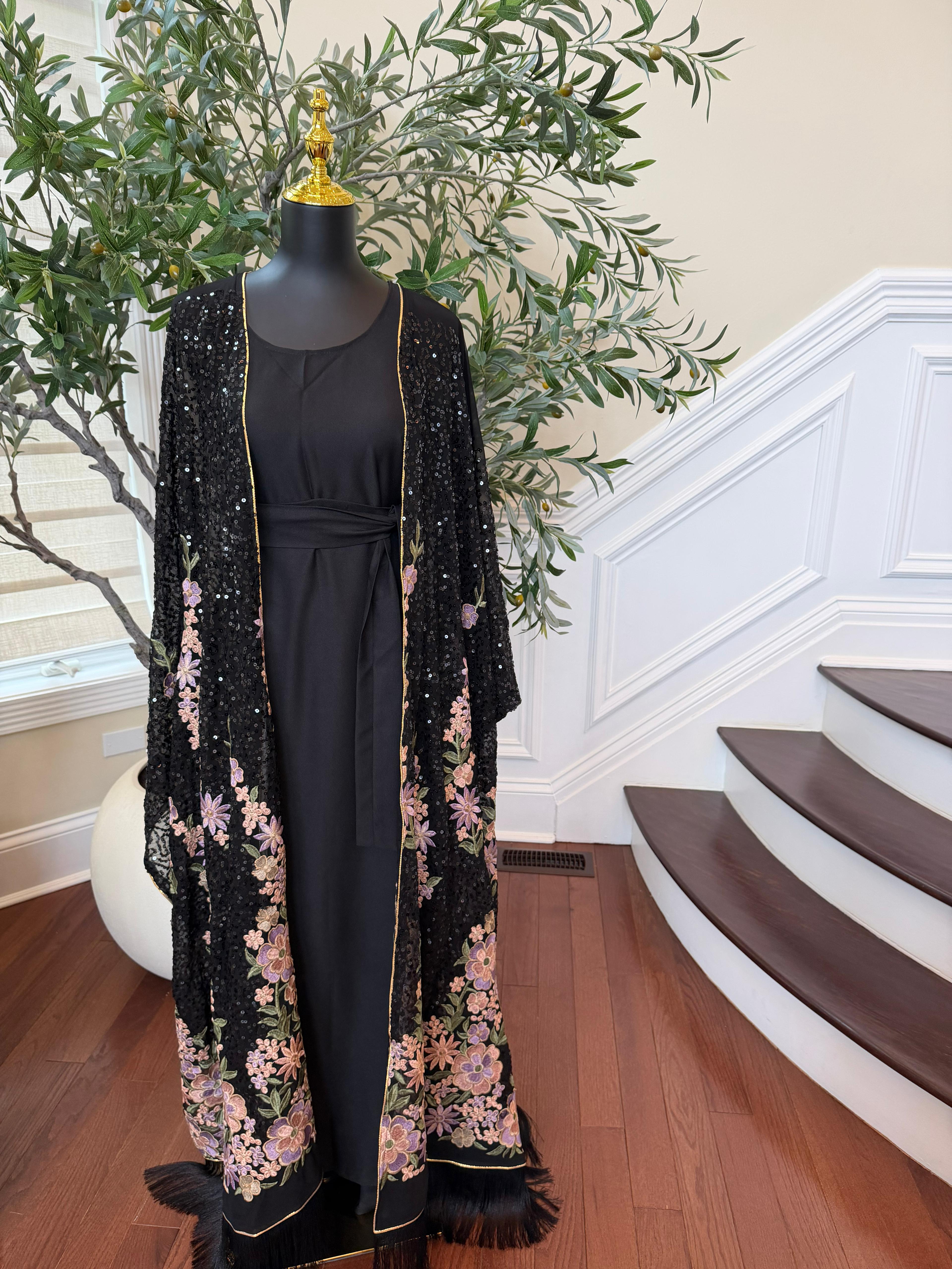 Black Sparkle Floral Abaya