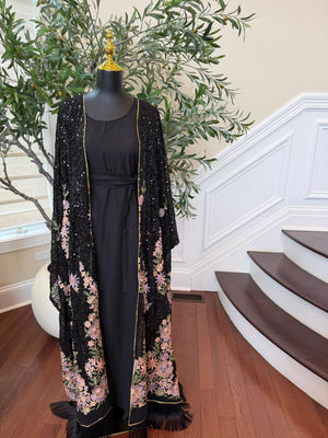 Black Sparkle Floral Abaya