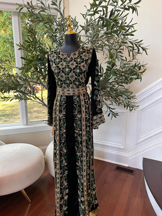 Black Velvet Golden Green Stone Thobe